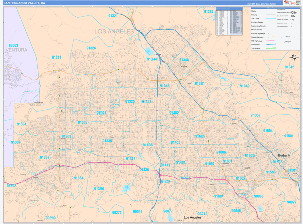 San Fernando Valley Metro Area Digital Map Color Cast Style